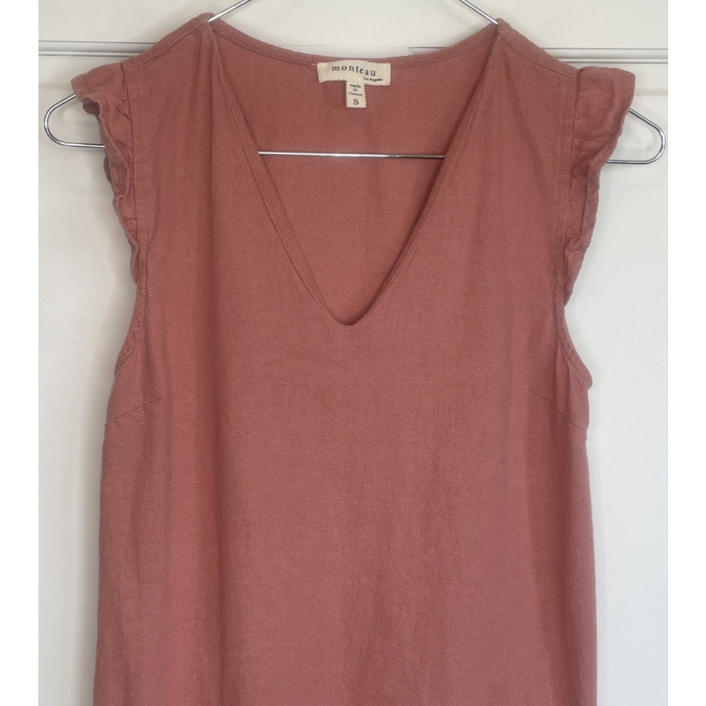 Monteau Linen Blend Dress Women's Size S Ruffle Sleeve Lagenlook Boho Coastal - Picture 2 of 9